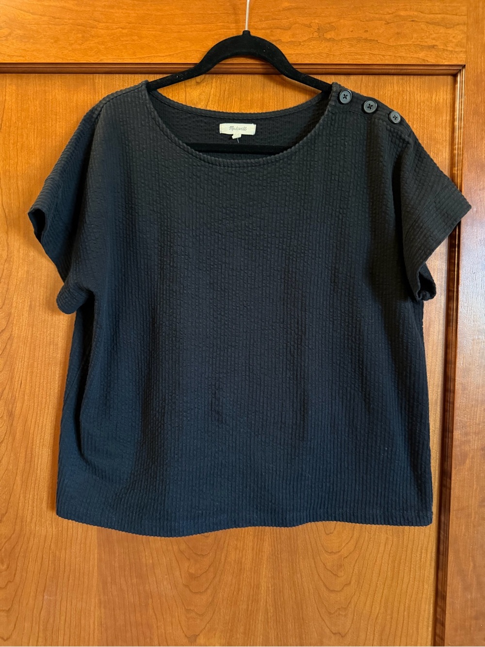 Madewell Black Knit Seersucker Button Shoulder Boxy Short Sleeve Top